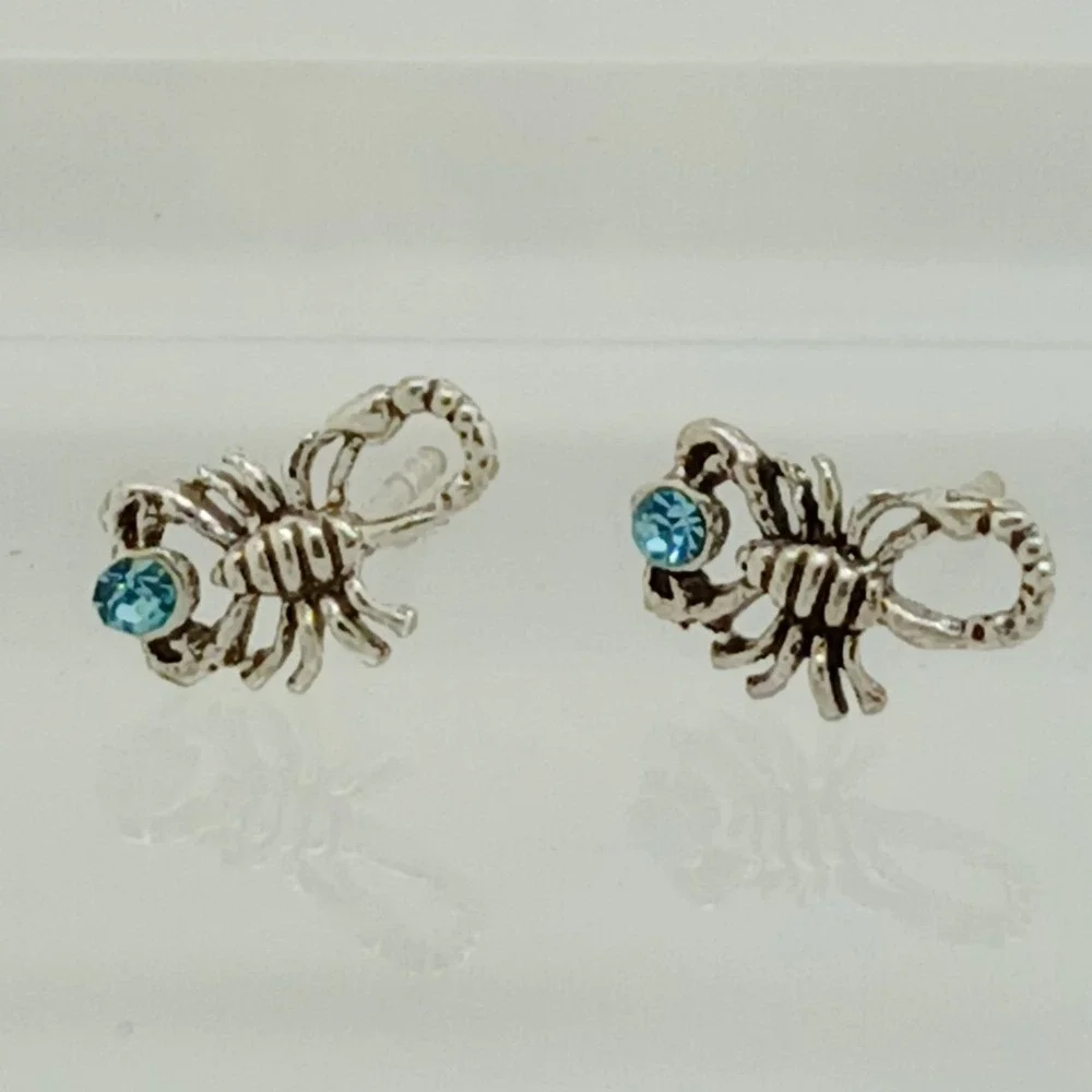 Scorpion Stud Earrings 925 Sterling Silver Blue Crystal‎ Scorpio Zodiac Jewelry